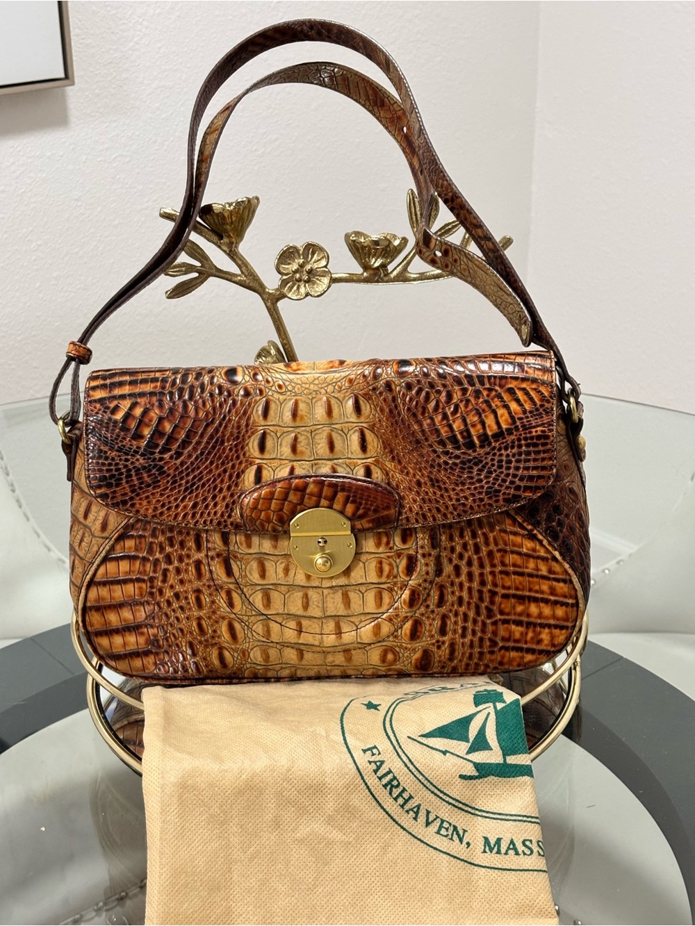 Vintage Brahmin Shoulder/Crossbody Bag Brown Croc-Embossed Leather Gold Tone